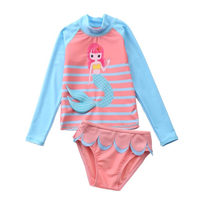 HAWEE Little Girls Two Pieces Rash Guard Swimsuit Set Long Sleeve Print Bikini Bathing Suit UPF50+ Beach Swimwear
