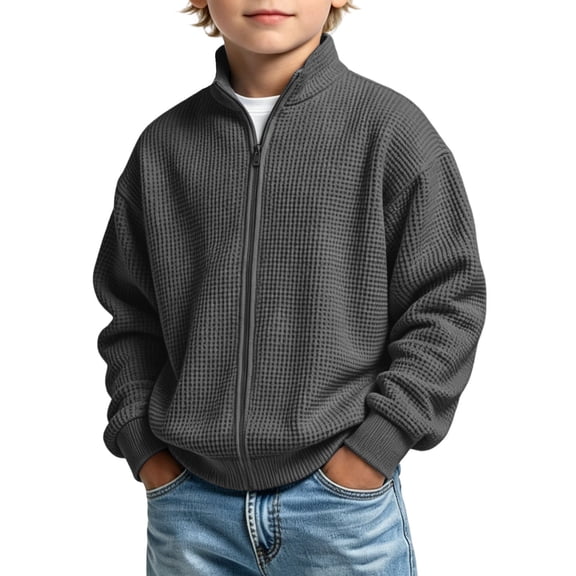 Kids Solid Zip Stand Collar Winter Jacket, Loose Casual Outerwear for Boys Girls Dark Gray 7 Years