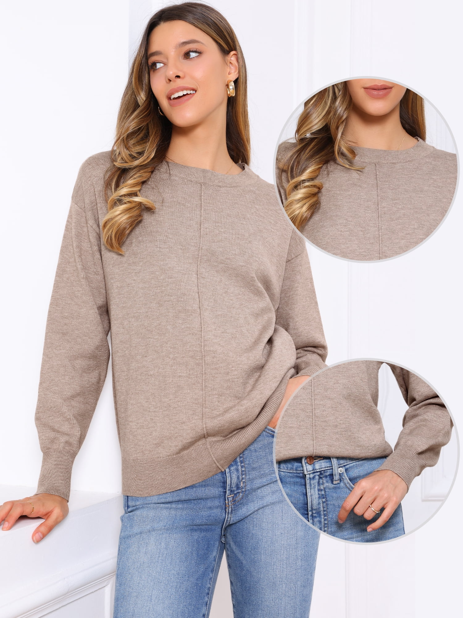 DARING DIVA Women's Long Sleeve Lightweight Crew Neck Knit Top M Khaki Brown