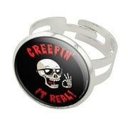 Creepin' It Real Keeping Skull Funny Humor Silver Plated Adjustable Novelty Ring
