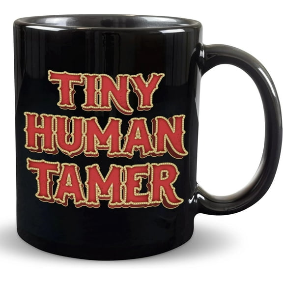 Funny Tiny Human Tamer Mug for Parents, New Mom Dad Gift, Bold Red Design on Black Mug 11oz, Cute Coffee Mug, Fun Parenting Humor, Funny Present Idea Black Mug 11oz