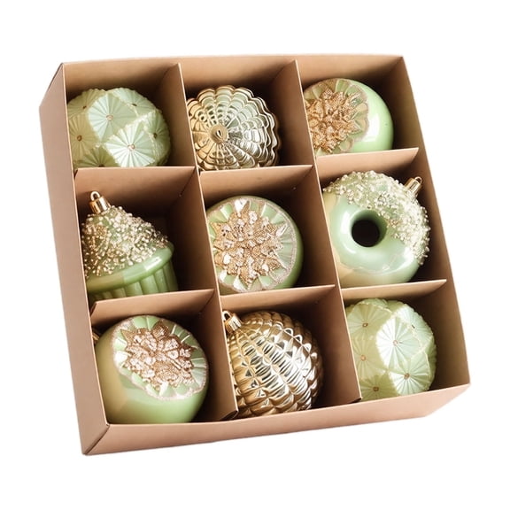Christmas Ornaments Set Sage Green and Gold 9 Pieces Hanging Baubles for Festive Tree Display Home Indoor Holiday Decor