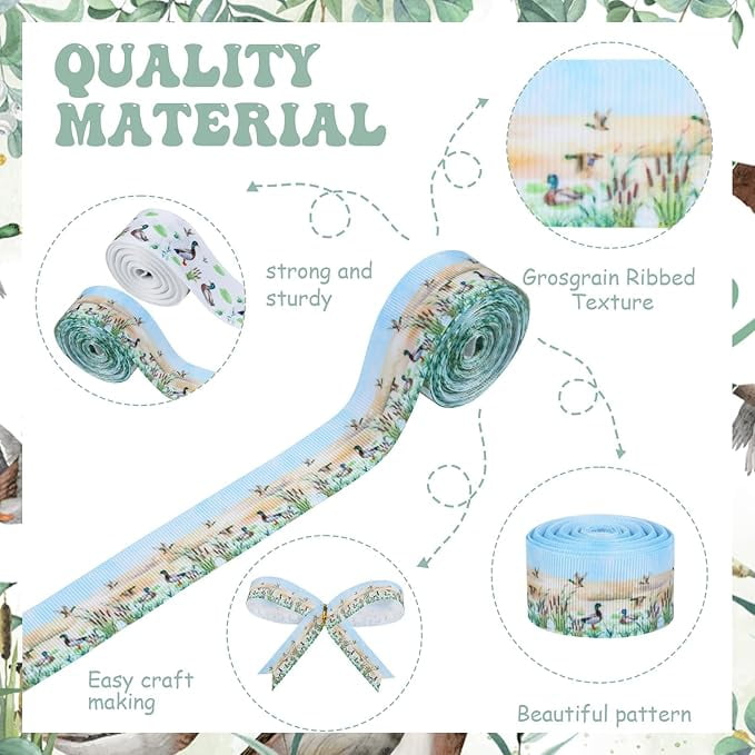 4 Rolls Mallard Duck Theme Ribbons, 20 Yards Craft Ribbons for Wreath Hair Bow Wrapping Gifts Packing, Green Grosgrain Ribbons Birthday Wedding Gender Reveal Party Home Accessory Decor