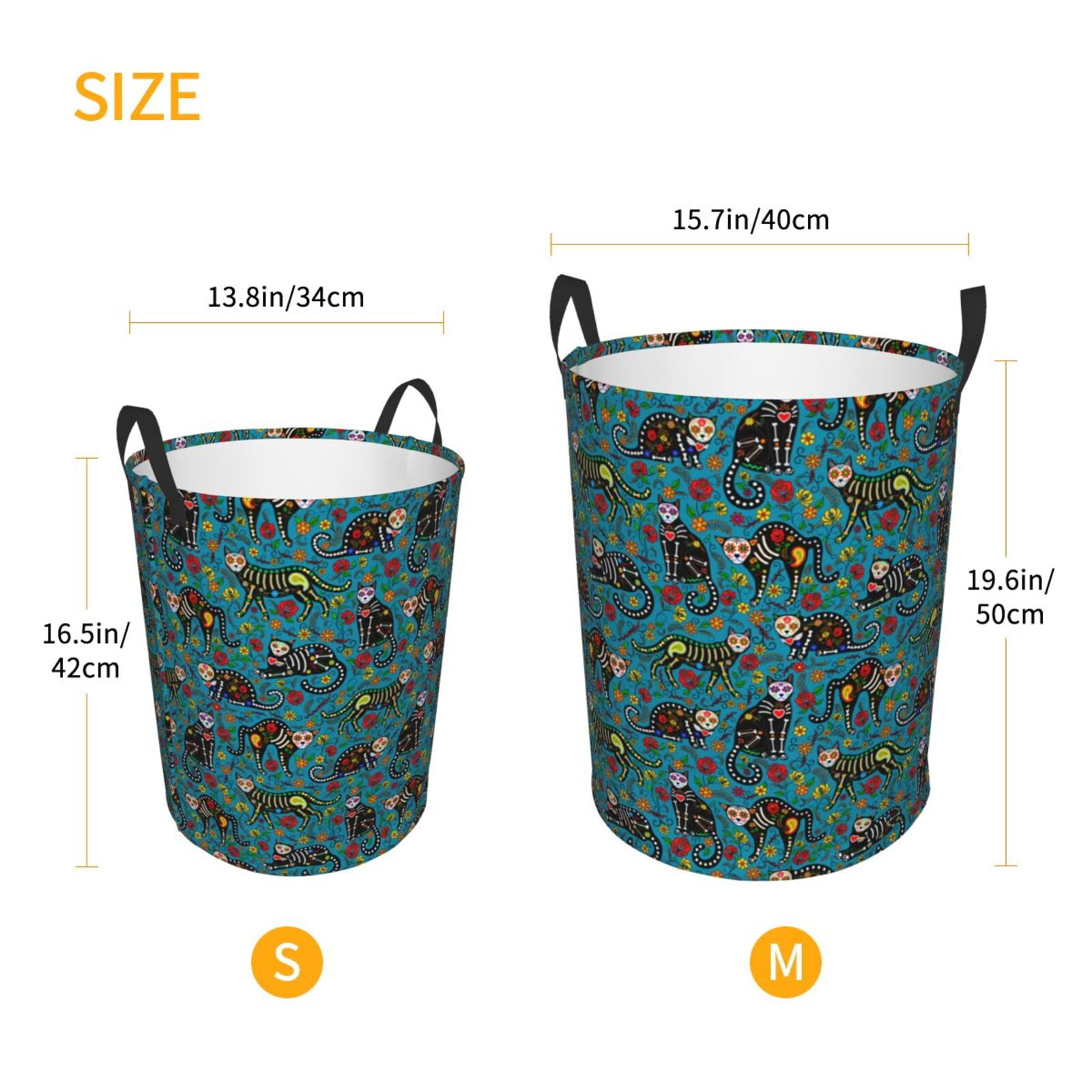 Fuzoiu skull black cats in mexican Print Circular Hamper,Laundry Basket with Handle,Collapsible Laundry,Dirty Clothes Storage Basket,for Bedroom Bathroom Dorm Living Room-Small