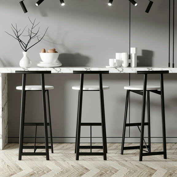 Set of 3 Black & White Metal Bar Stools with Backrest & Footrest for Kitchen Island & Pub Room - Sturdy 220lb Capacity, Ergonomic MDF Seats, Easy Assembly