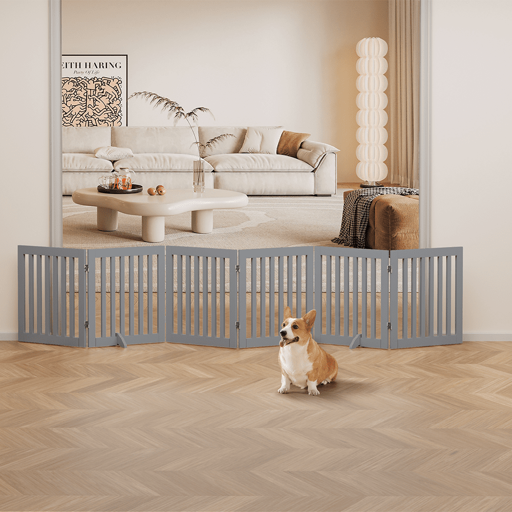 Unipaws Freestanding Pet Gate 24 inches High 6 Panels, Grey