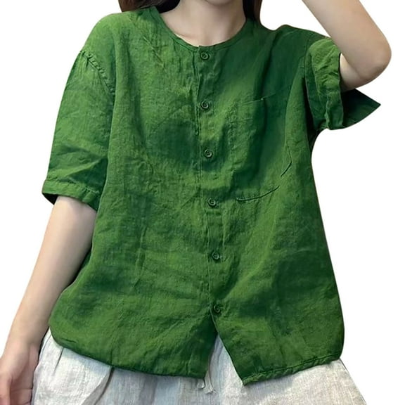 Linen Short Sleeve Round Neck Shirt for Women - Vintage Loose Fit, Cardigan Style, Versatile for a Youthful Look