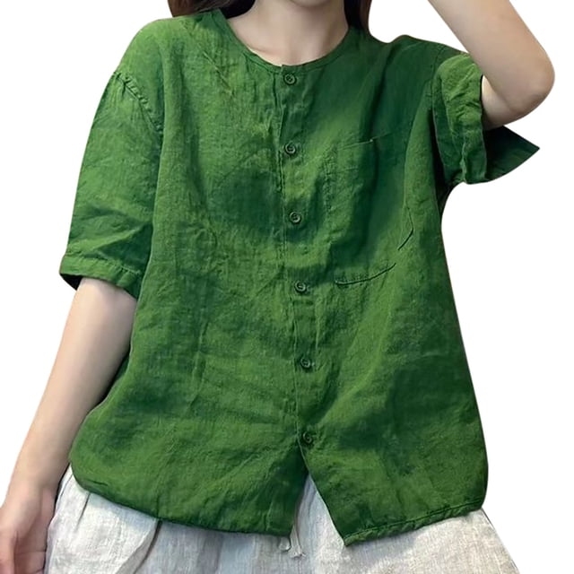 Camisa de lino de manga corta y cuello redondo para mujer: cárdigan vintage holgado, material de poliéster, tallas M-XXXL, top versátil y elegante para todas las estaciones