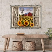 Sunflower Wall Art Canvas Print Rustic Wall Decor Sunflower Field Red Barn And Windmill Painting Framed Modern Artwork for Living Room Bedroom Bathroom Office Home Decor 12x16 In
