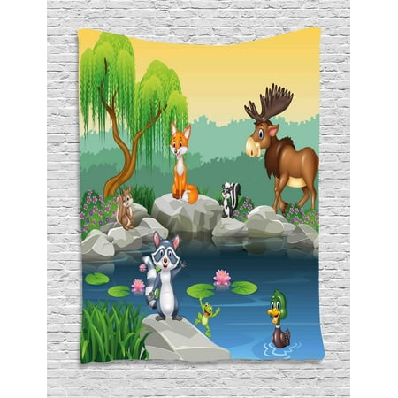 Cartoon Tapestry, Funny Mascots Animals by the Lake Moose Fox Squirrel Raccoon Kids Nursery Theme, Wall Hanging for Bedroom Living Room Dorm Decor, Multicolor, by Ambesonne