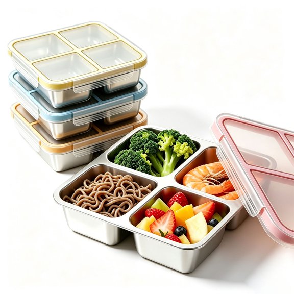 Liwantech 4 Pack Stainless Steel Bento Box, 4 Compartment Leakproof Lunch Containers for Work & Travel, Multi Color Set