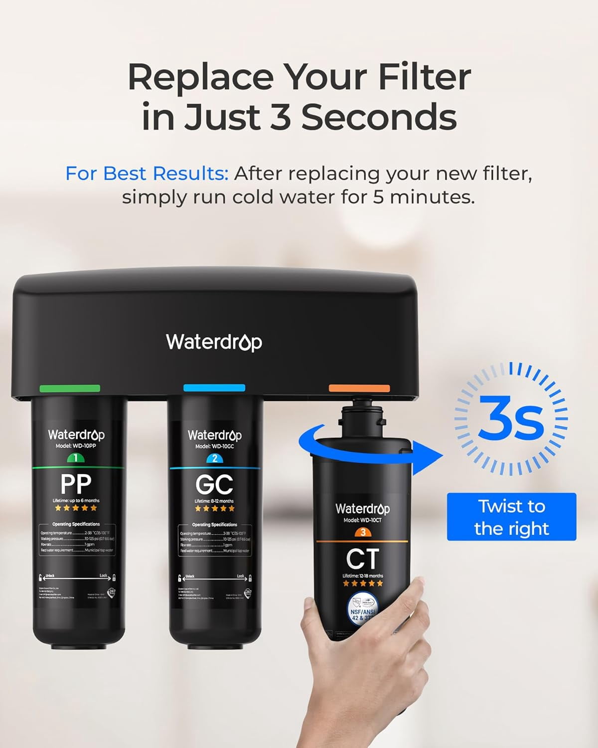 Waterdrop WD-10CT Under Sink Water Filter, Replacement TSA & TSB 3-Stage Under Sink Water Filter System