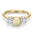 thumbnail image 3 of Gem Stone King 18K Yellow Gold Plated Silver White Ethiopian Opal and White Moissanite Engagement Ring for Women | 1.56 Cttw | Round Cabochon 6MM | Gemstone October Birthstone | Size 5, 3 of 7