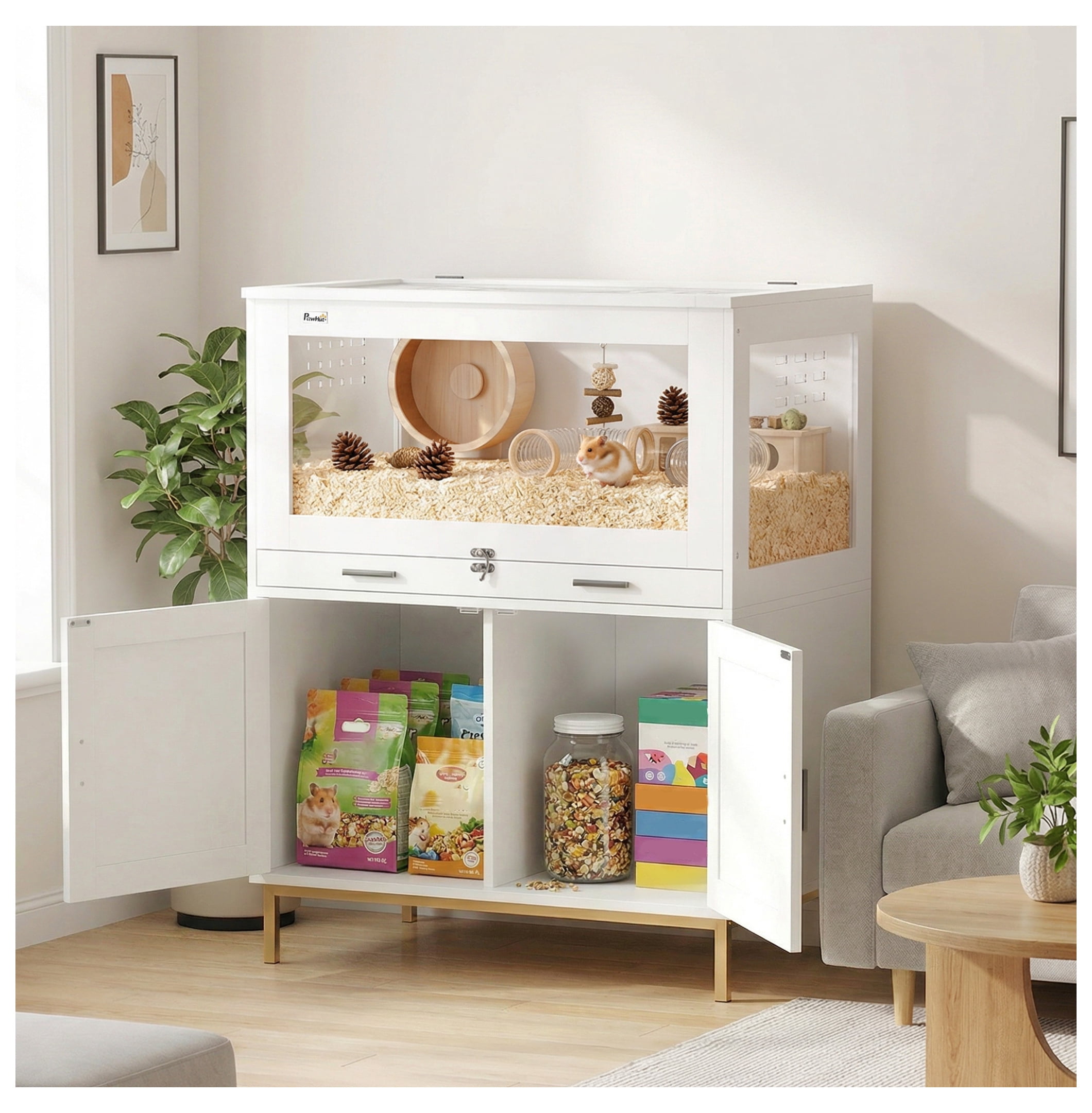 Hamster Cage with Storage, Small Animal Cage with Pull Out Drawer & Acrylic Panels, 30" x 19.5" x 36" White