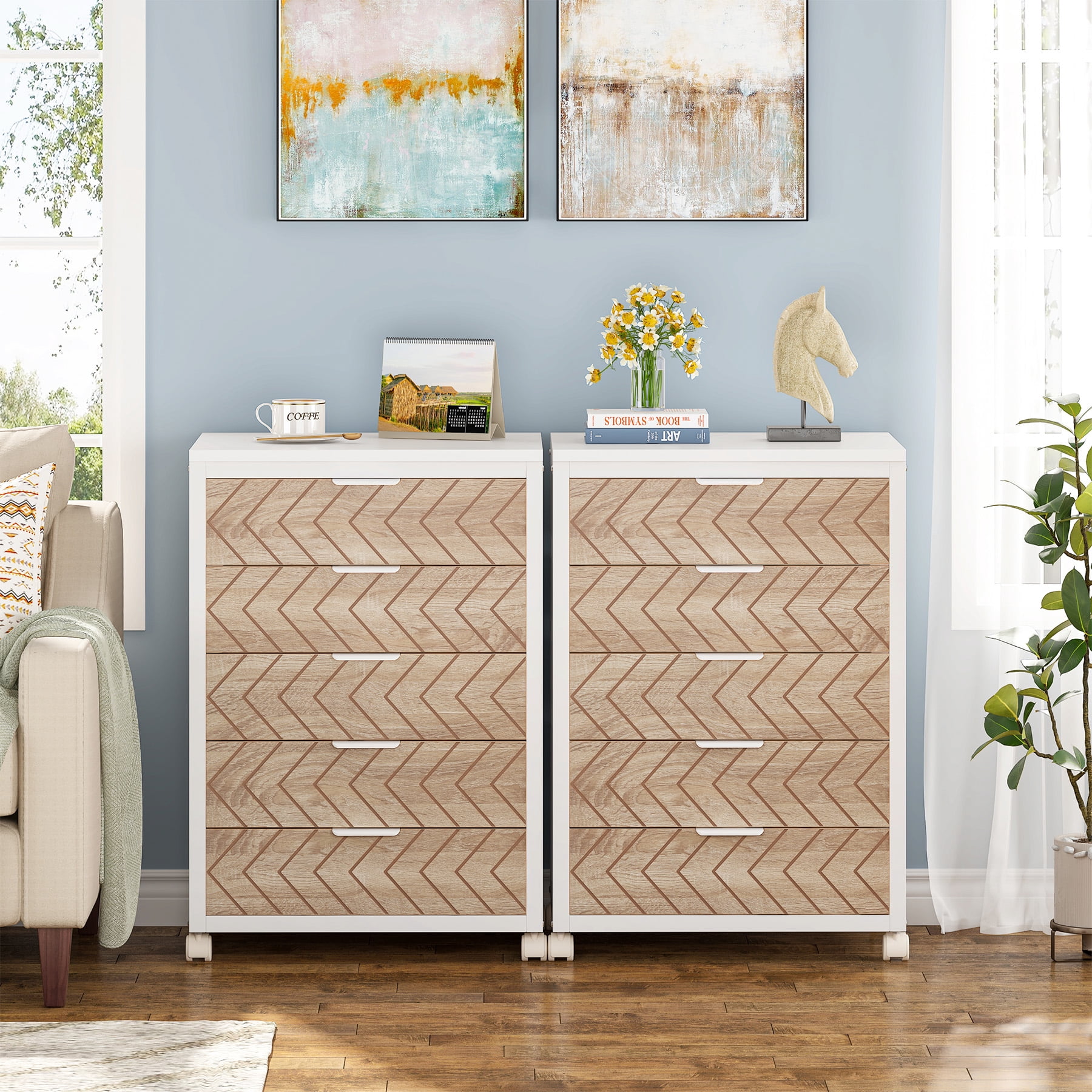 Tribesigns Modern 5-Drawer Dresser for Bedroom, Small Portable Chest of Drawers with Wheels and Metal Frame for Living Room, Beige & White