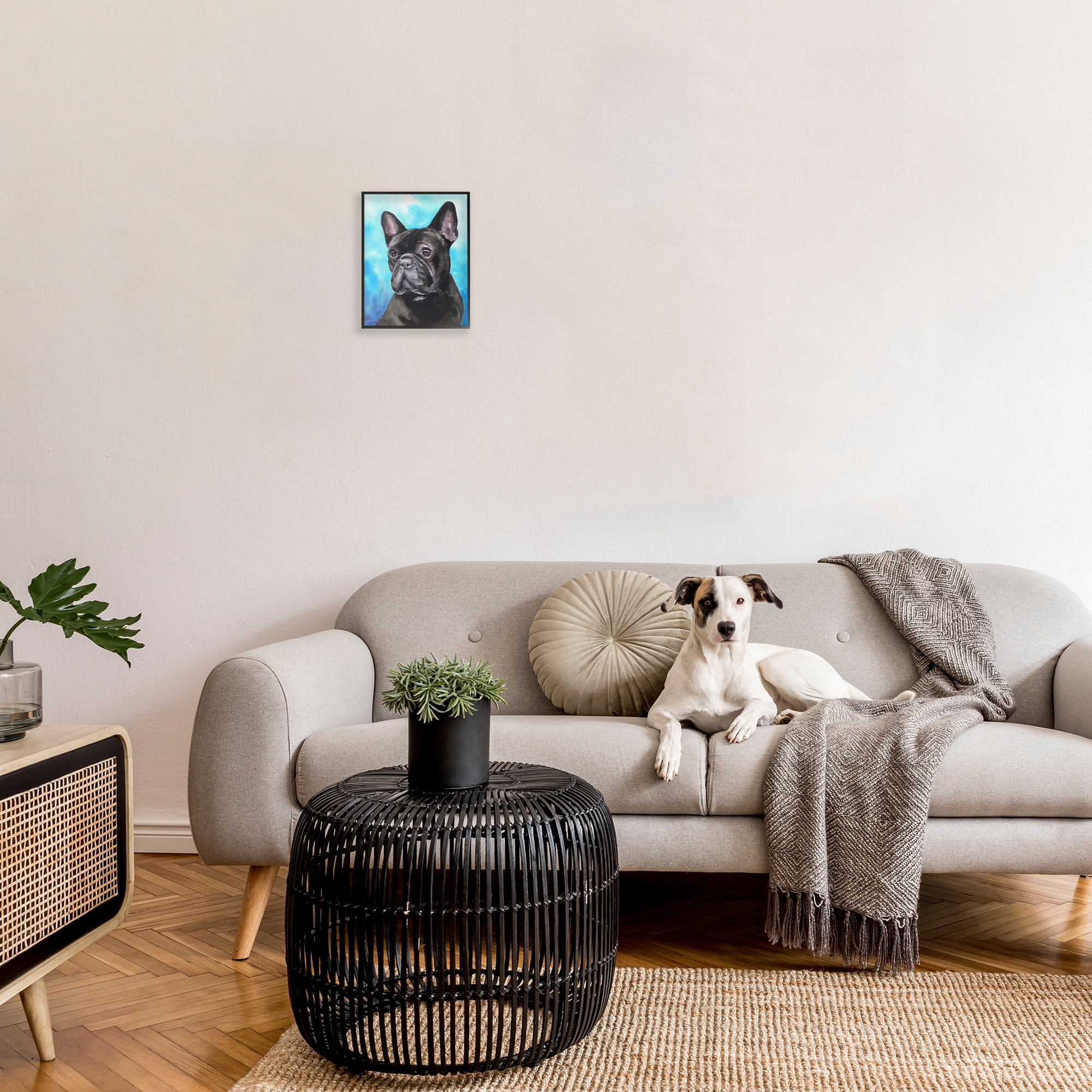 Stupell Industries French Bulldog on Blue Animals & Insects Painting Black Framed Art Print Wall Art, 11 x 14