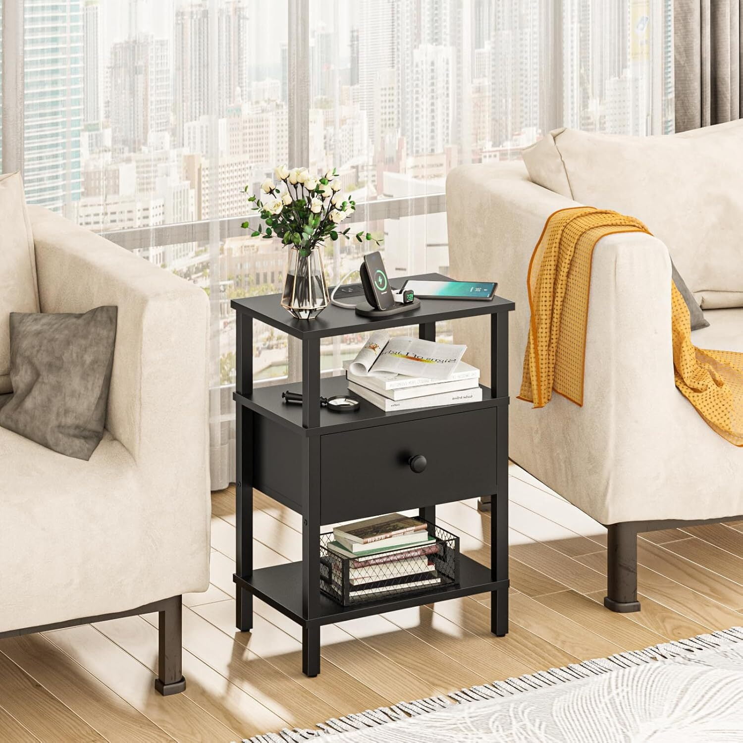 LEYAOYAO 3-Tier Narrow End Table with Charging Station, Wood Side Table for Living Room, Black