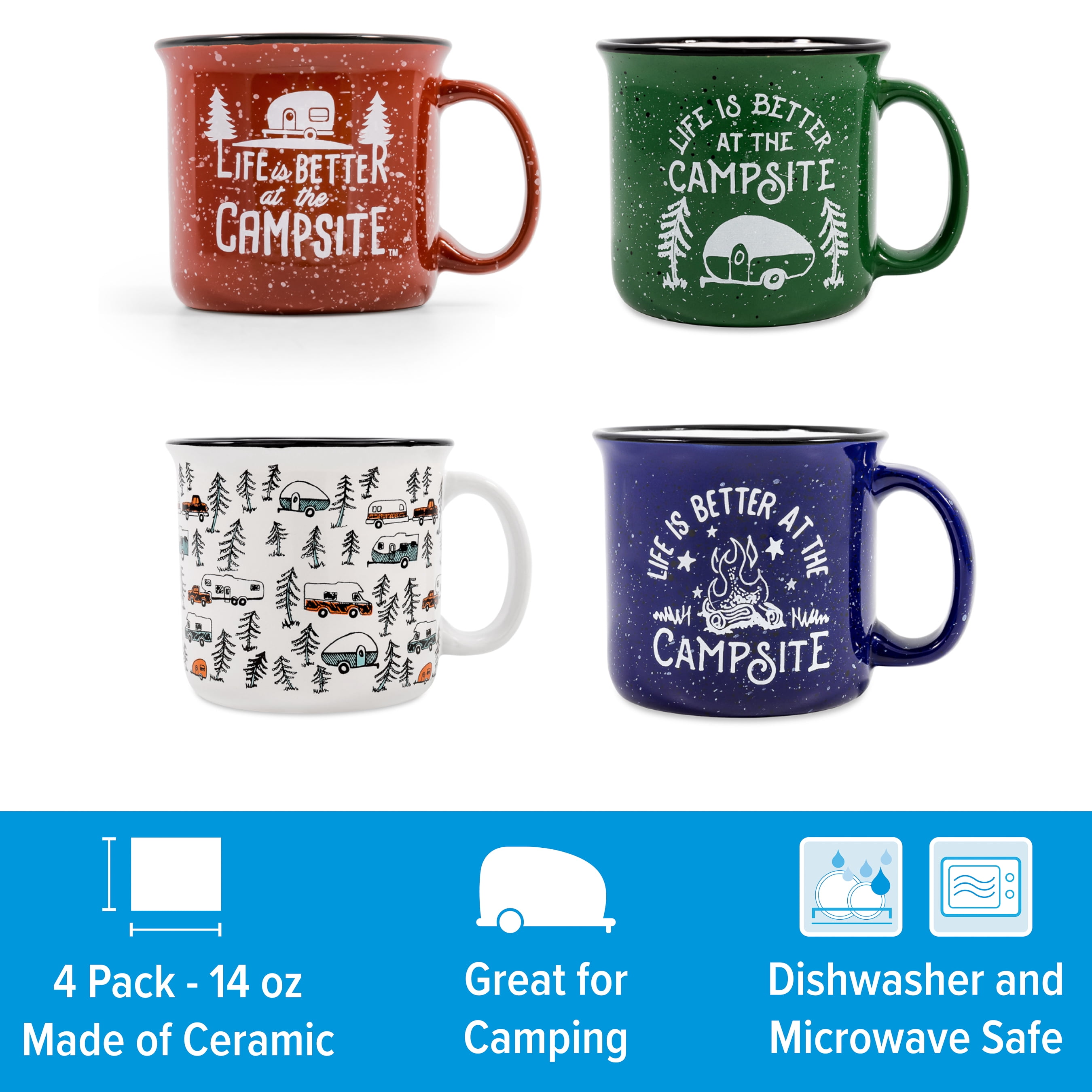 (2 pack) Camco Multicolor Ceramic Mug Set, 14 oz, Camping Design, 4-Pack