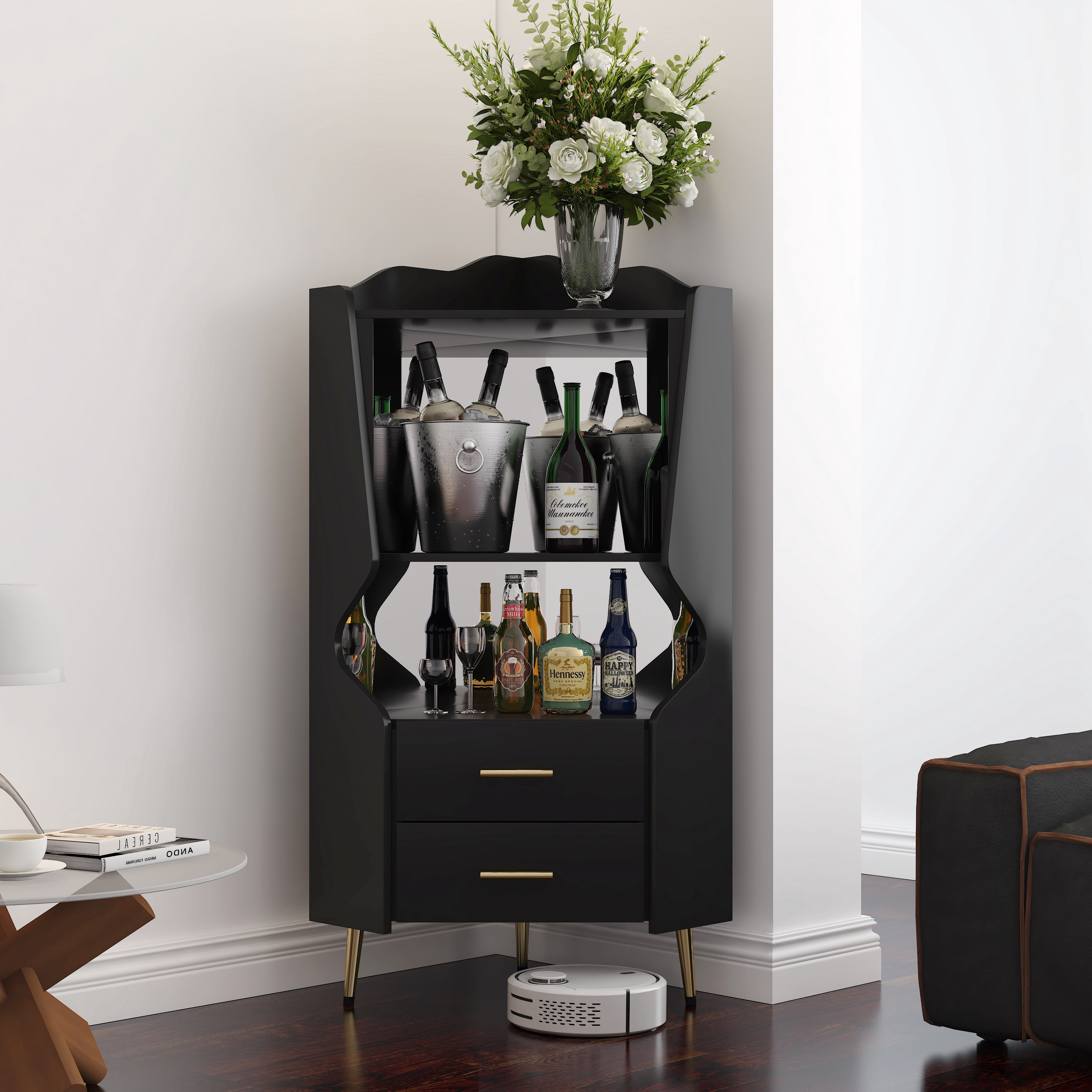 Wooden Corner Bar Cabinet With 2 Open Storage Shelves And 2 Drawers, Mirrored Back Sideboard Cabinet, High Feet/Legs For Easy Cleaning, Buffet Cabinet