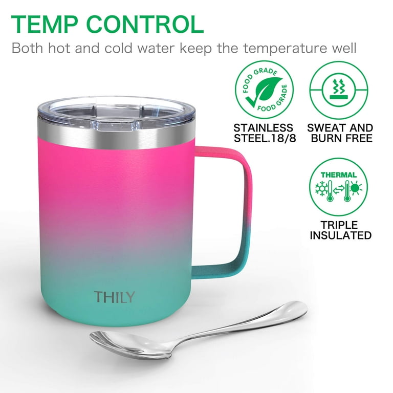 Stainless Steel Insulated Coffee Cup, THILY 12 oz Vacuum Insulated Travel Mug with Handle, Spill-Proof Lid, Keep Coffee Cold or Hot, Ombre: Pink 
