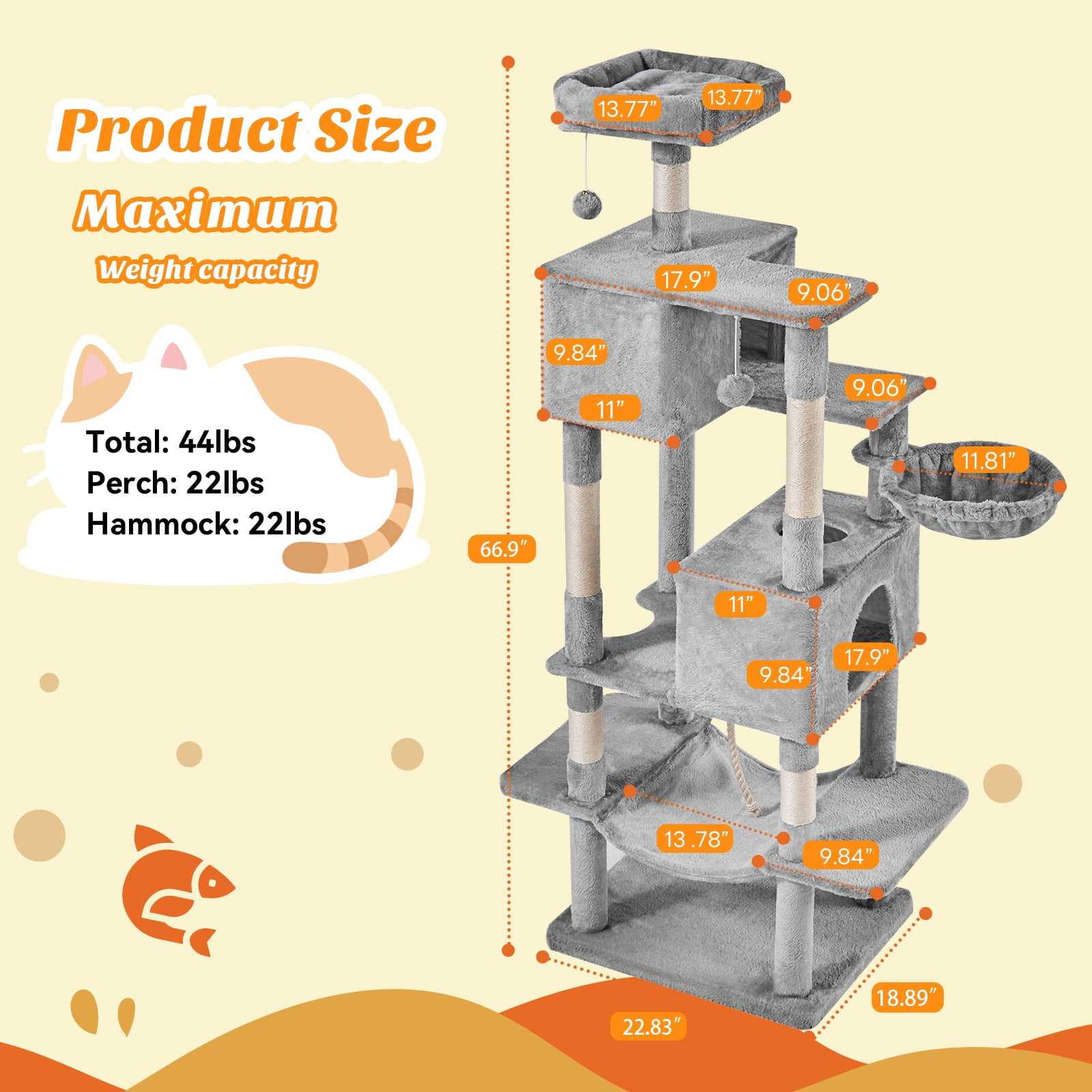 SHOUFTW 66in Cat Tree, Space-Saving Indoor Cat Tower with Large Top Perch and Hammock for Multi-Cat Households, Light Gray