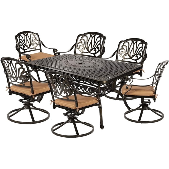 MEETWARM 7-Piece Outdoor Patio Dining Set, All-Weather Cast Aluminum Patio Conversation Set for Backyard Garden Deck with 6 Cushioned Swivel Rocker Chairs, 1 Rectangular Table, 2" Umbrella Hole