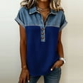 thumbnail image 2 of Ygbgbb Short Sleeve Shirts for Women Half Button Collared Pullover Blouses Color Block Patchwork Tops Summer Casual Shirts for Daily & Vacation Wear Blue L, 2 of 5