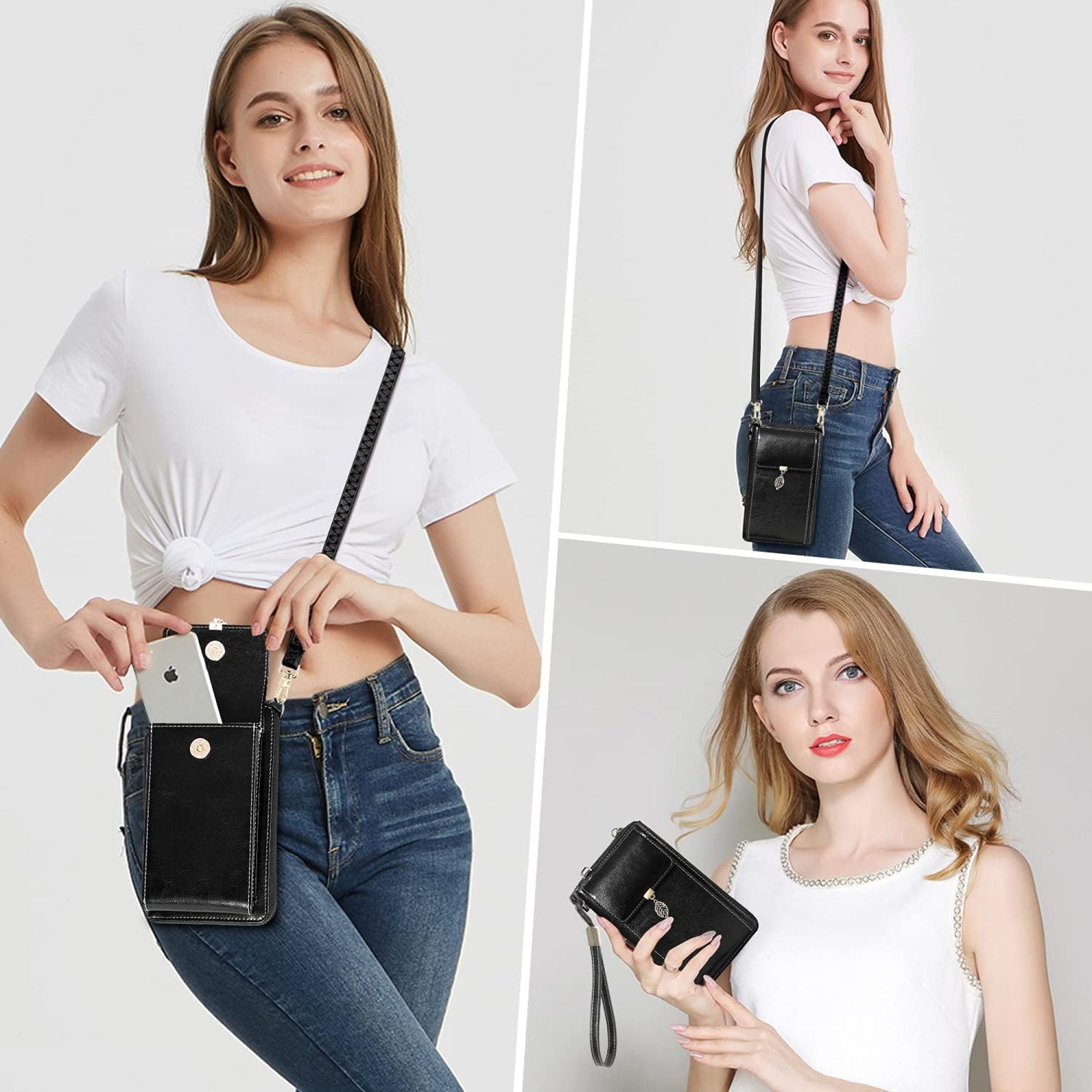 SQDWYGG Small Crossbody Phone Bags for Women Leather Cell Phone Purse Wallet,A-black