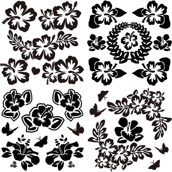 4 Styles Hawaiian Hibiscus Flower Car Decal Black Butterfly Laser Car Sticker Sun Protection Pet Self Adhesive Car Accessories Automotive Exterior Decoration for SUV Vans for diy