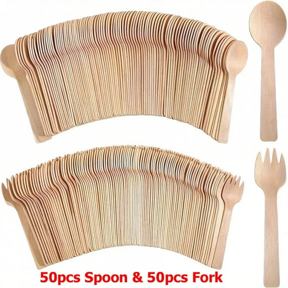 50/100pcs 14cm Disposable Wooden Spoon Fork Set for Party Wedding Cake Tasting Batch Practical Tableware Party Peripherals