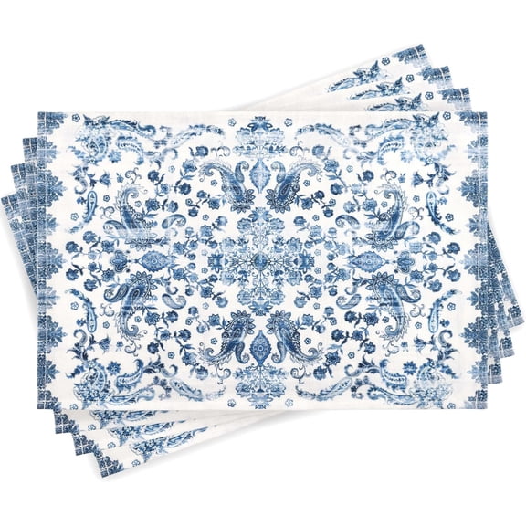 Navy Blue Floral Chinoiserie Placemats Set of 4, 12x18 Inch Seasonal Table Mats for Party Kitchen Dining Decoration