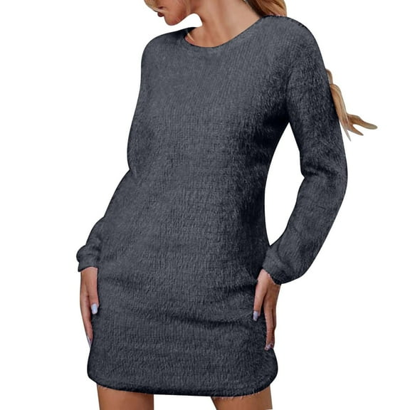 WJHWSX Dresses for Women,Womens Fall Dresses,Casual Dresses for Women,Long Sleeve,Crew Neck,Soft,Solid,S(US:4)