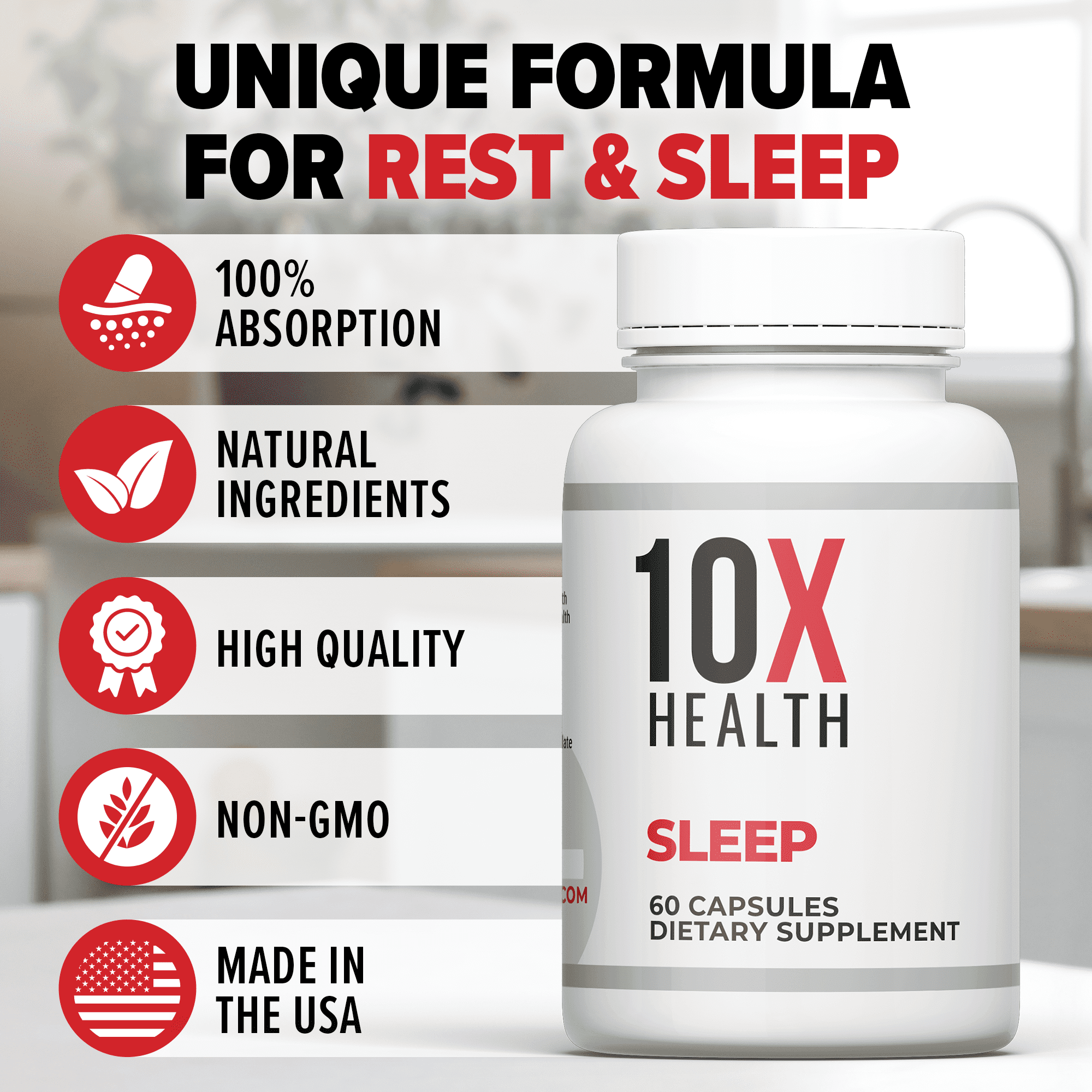 10X Health Sleep Aid with Melatonin, Magnesium, and L-Theanine for Sleep Support, 60 Capsules