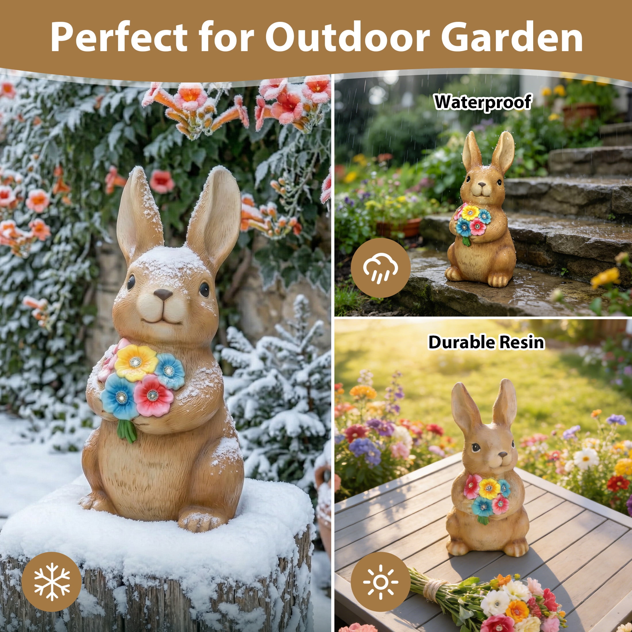 The Growing Ground Solar Bunny Garden Statue with LED Light, Outdoor Resin Rabbit Lawn Decor for Garden, Patio, Pathway, Brown