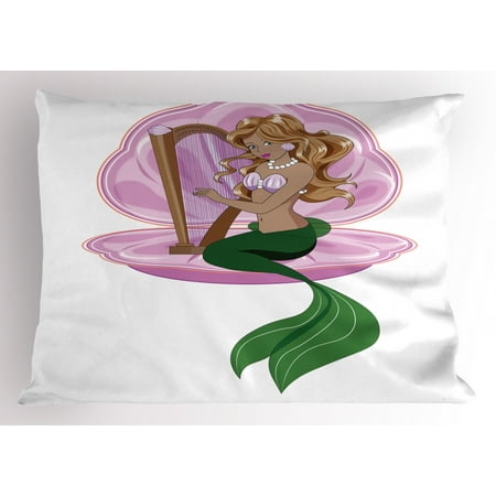 Mermaid Pillow Sham Little Mermaid With Blonde Hair Playing Harp