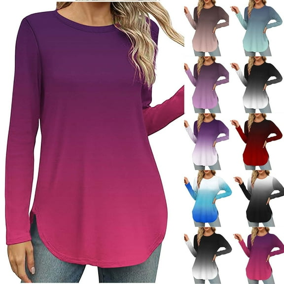 DDAPJ pyju Womens Long Sleeve Round Neck Shirts Side Split Tunic Tops Gradient Print Casual Blouse Tees Ofertas Flash Brown S