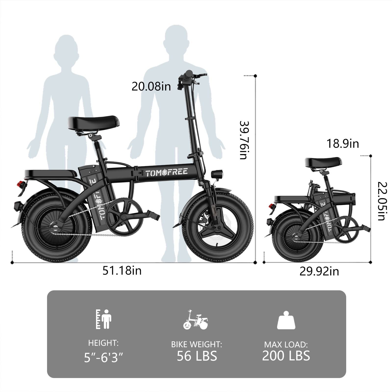 Folding Electric Bike 48V 20AH Removable Battery 20-25MPH 14''x 2.1'' Tire, 25-35miles PAS, Front/Full Suspension, 200lbs Load Ebike for Adult, Adult Electric Bicycles for Commute
