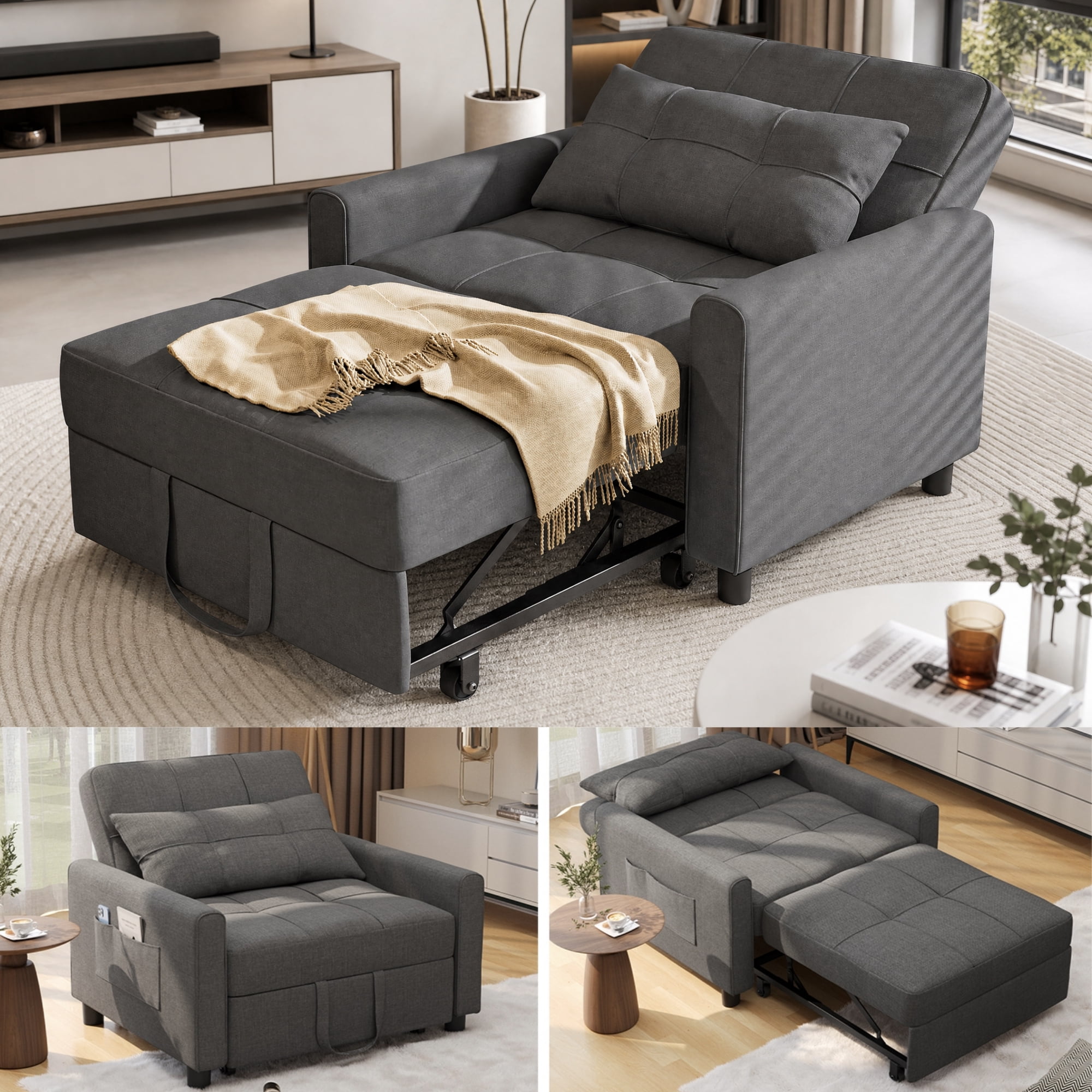 Asofer 3-in-1 Convertible Chair Bed, Pull Out Sleeper Chair with Adjustable Backrest & Side Pocket, Linen Fabric Futon Recliner for Small Space Apartment Office Guest Room, Dark Gray