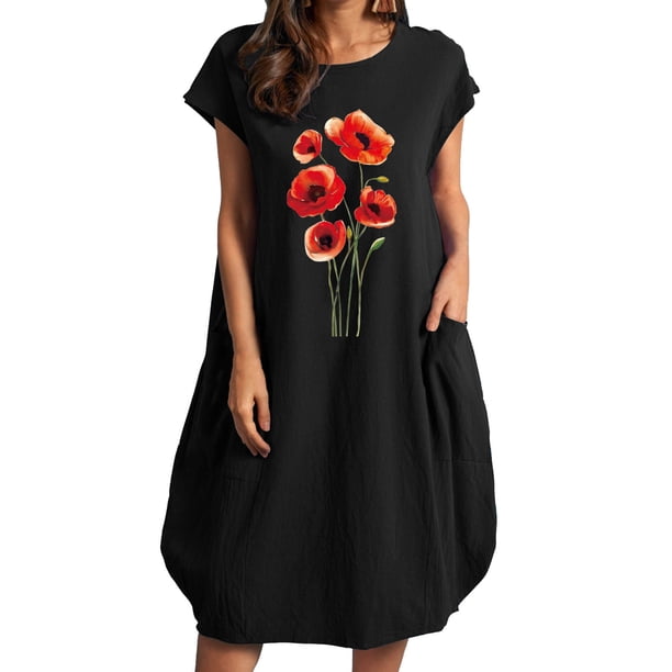 Vestido estampado de cuello redondo de manga corta de color sólido para mujer con bolsillos Vestido a media pierna Fridja bnh1905