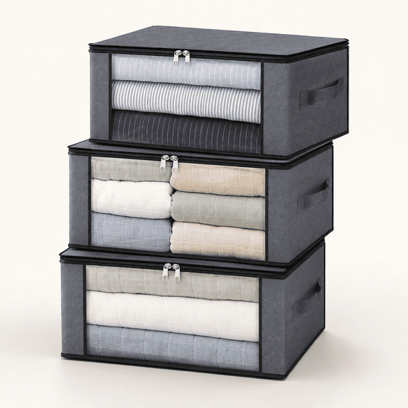 3-Pack Clothes Organizer Storage Bags, 35L Storage Bins, Gray | Foldable Storage Box Container with Zippers, Clear Window, Reinforced Handles for Closet, Dorm, Pillows, Bedding, Sweater