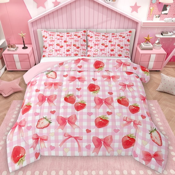 Castle Fairy Girls Kawaii Ribbon Bowknot Bedding Comforter Set 2pcs,Cartoon Strawberry Love Heart Twin Comforter Sets Microfiber,Geometric Plaid Breathable Bedding Set,Microfiber Bedroom Decor