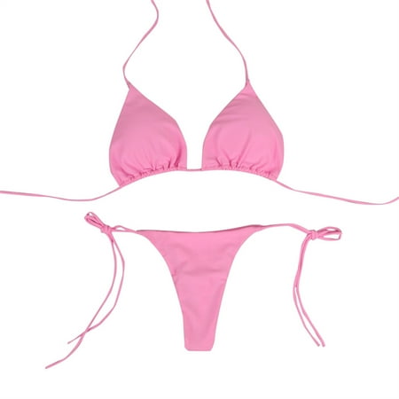 JIANJIA Swim Suits for Women Summer Solid Color Sexy Lace Up Halter Brassiere With Thongs Brazilian Two Piece Bikinis Swimwears Activewear Pink M