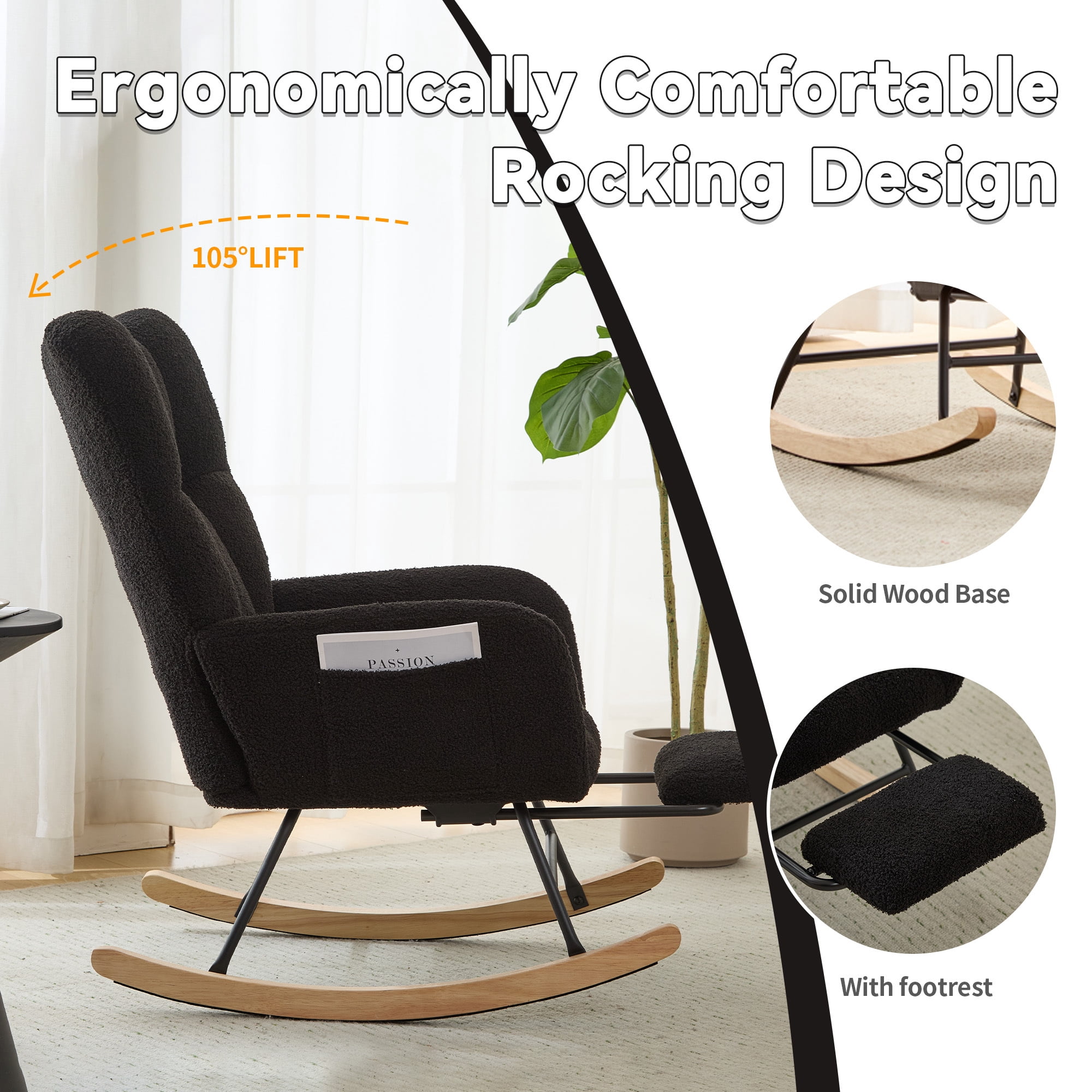 Leumius Nursery Rocking Chair with Footrest,Teddy Fabric Upholstered Glider Rocker Chair with High Backrest,Side Storage Pocket & Solid Wood Legs,Comfy Accent Chair for Living Room Bedroom,Black