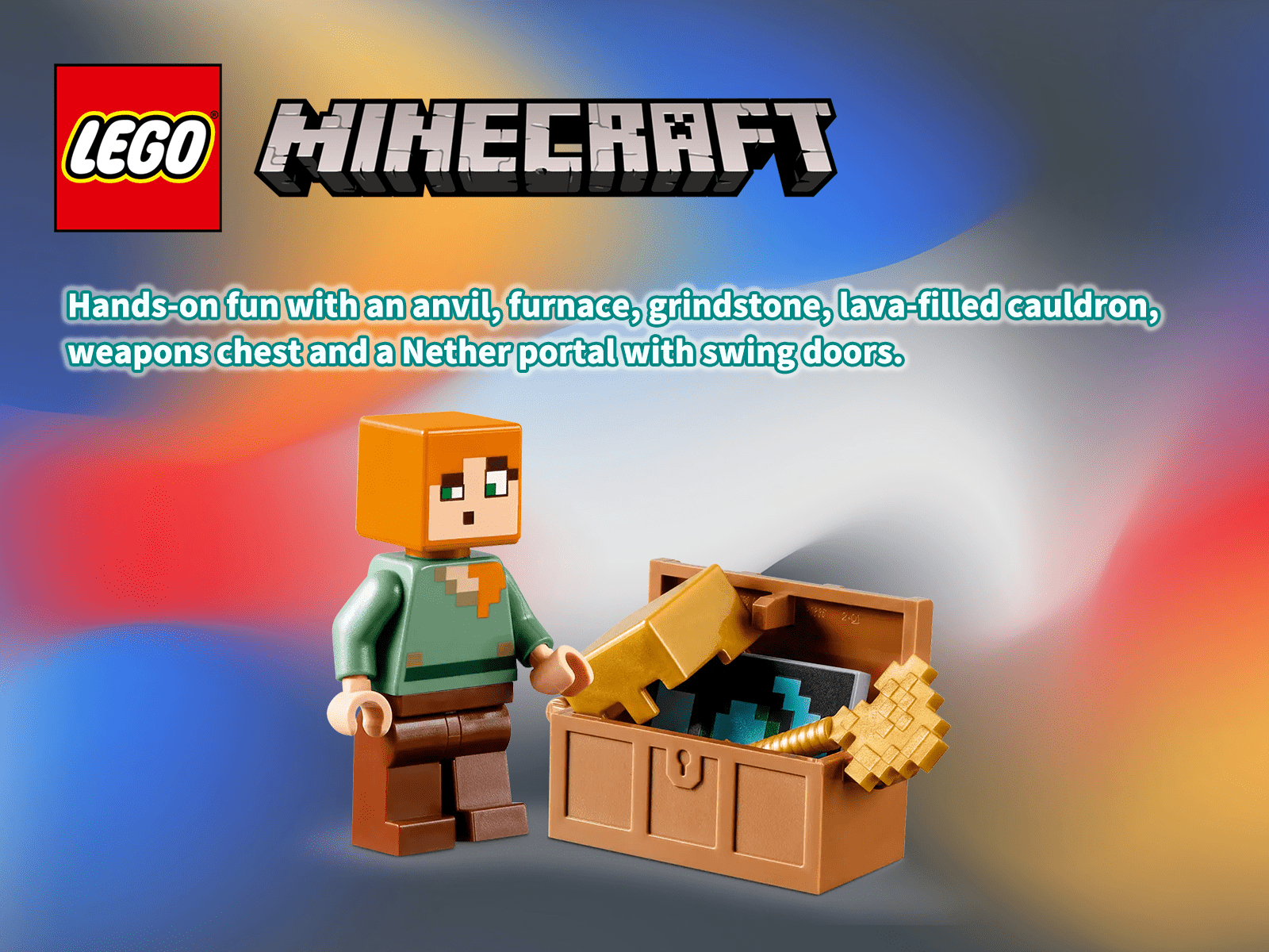 LEGO Minecraft 21252 The Armory Building Set – 203-Piece Block Kit with Alex & Armorsmith Figures, Weapons, Forge & Nether Portal