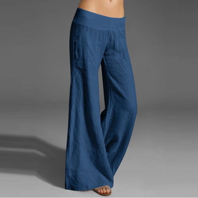 Meichang Pantalon Large Taille Haute en Coton et Lin pour Femmes avec Poches, Bleu, Taille L