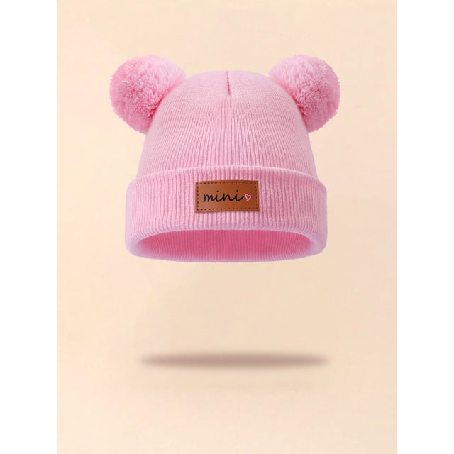 1pc Children's Knitted Hat With Two Pompoms,:“mini†Fashion Multi-Color Optional Warm Beanie Hat Suitable For Daily Outdoor Play Pink One Size