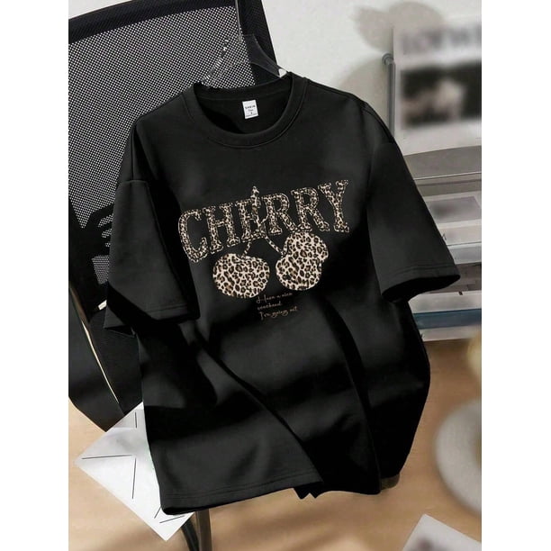 Women's Casual Leopard Cherry Graphic T-Shirt - Vibrant Red Short Sleeve Round Neck Top with Glitter accents, Soft Polyester Fabric, Machine Washable & all-Season Comfort