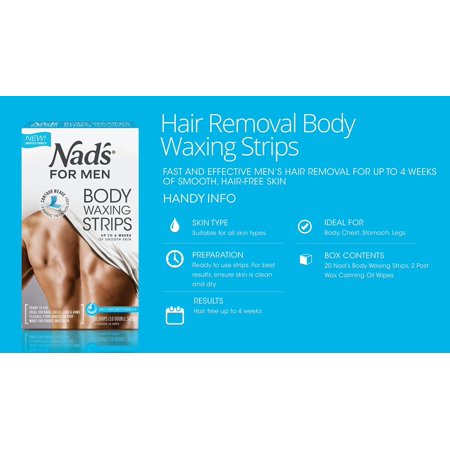 Nad's For Men Body Wax Strips - Wax Hair Removal For Men - At Home Waxing Kit With 20 Waxing Strips + 2 Calming Oil Wipes