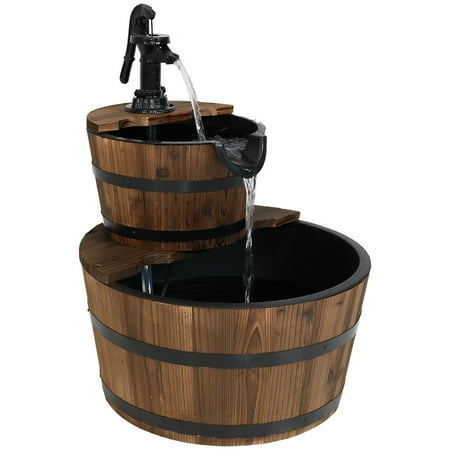 Sunnydaze 23 H Electric Fir Wood 2-Tier Farmhouse Barrel with Metal Decorative Hand Pump Outdoor Water Fountain