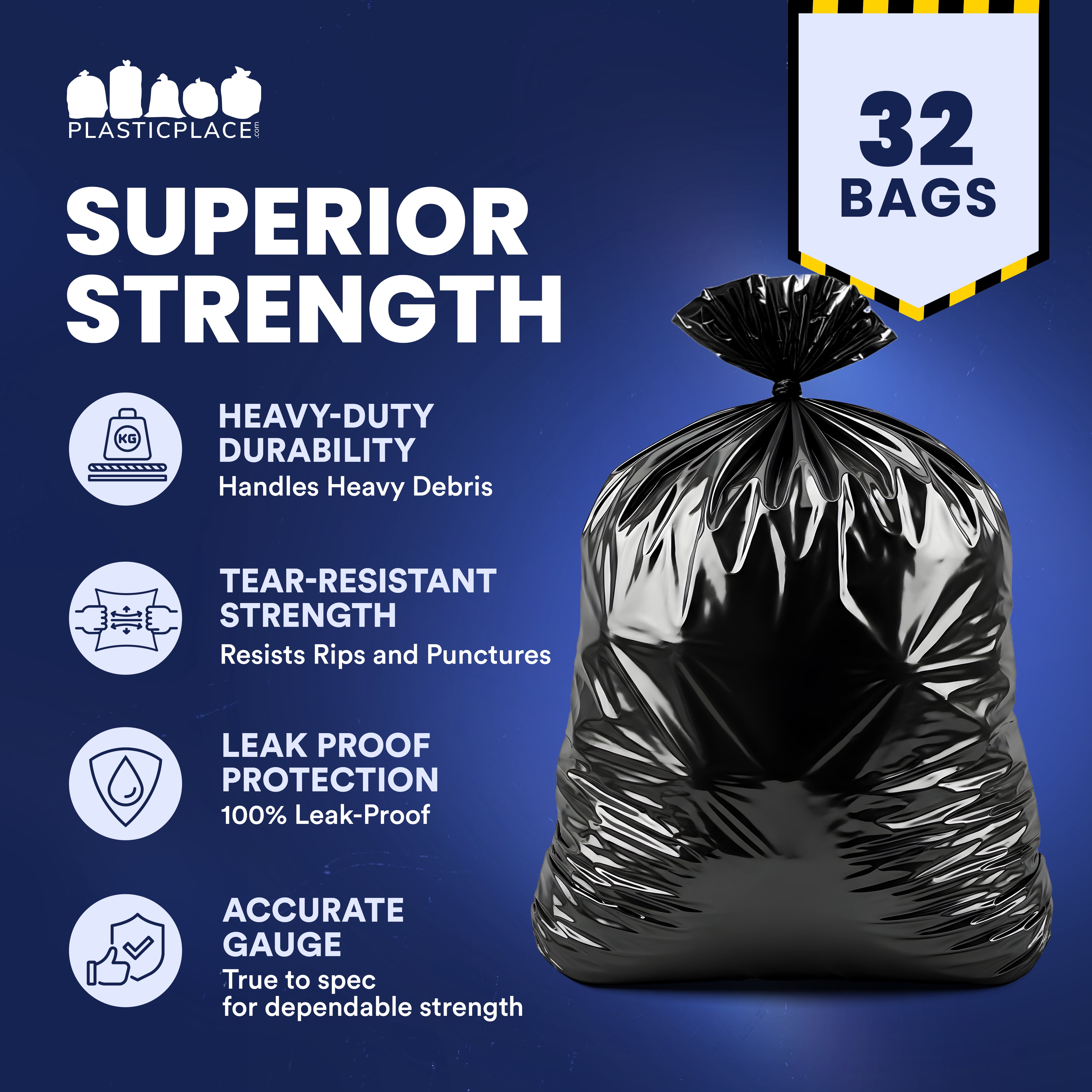 Plasticplace Contractor Garbage Bags: 55 Gallon Trash Bags Heavy Duty, Big Black Trash Bags, 38"x58", 4.0 Mil, Pack of 32